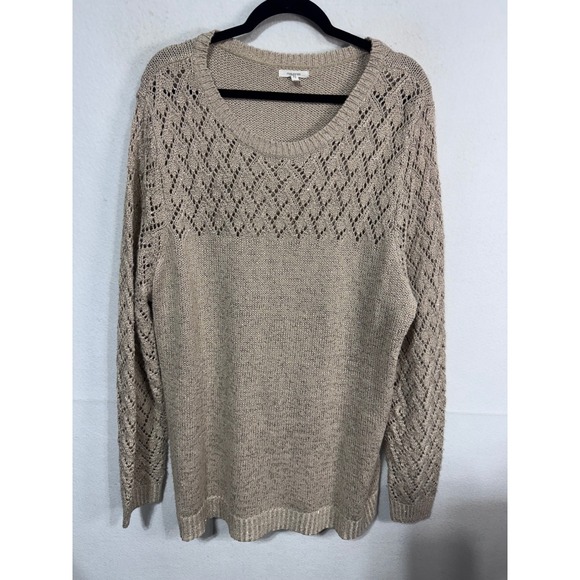 Maurices Womens Knit Sweater Beige Open Weave Sequin Long‎ Sleeve Crew Neck 3X - Picture 2 of 8